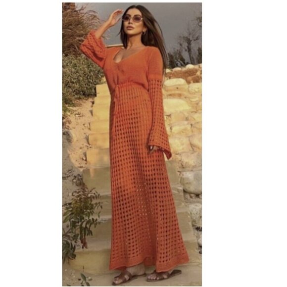Zara New Long Mesh Crochet Bell Sleeve Orange Cotton Blend Boho Maxi Dress - Picture 1 of 9